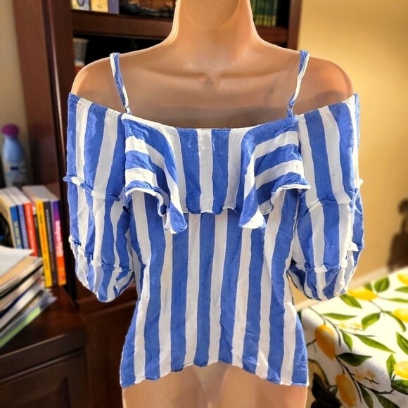 Coverstitched Blue/White Striped Cold/Open Off-Shoulder Blouse Size Small - Picture 3 of 3
